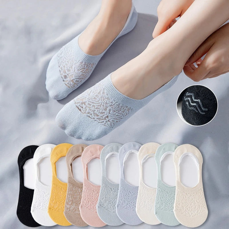 5 pairs Women Invisible Socks Mujer Non-slip Chaussette Ankle Low Female mesh Cotton Boat Socks No Show Breathable Calcetines